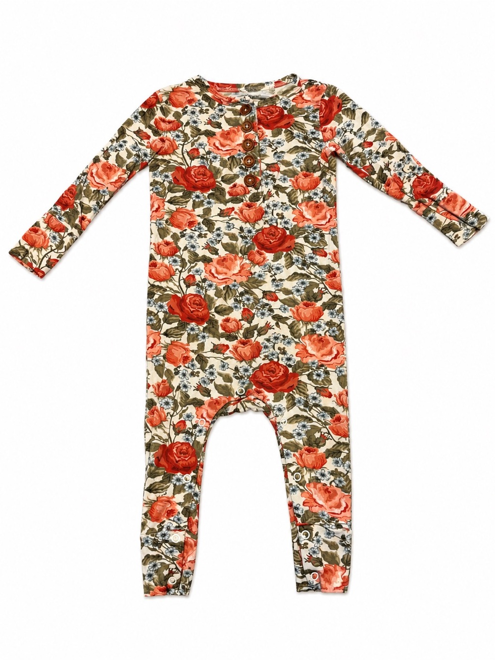 Posh Peanut Bamboo Blend Rose Floral Long Sleeve Ruffles Snap Romper One-Piece